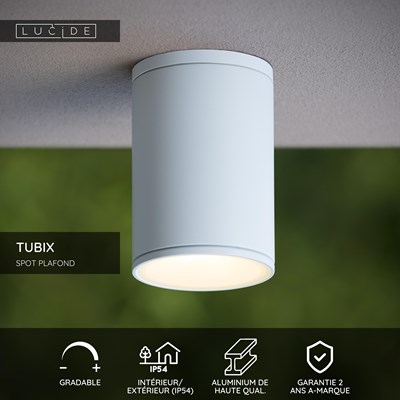 Lucide TUBIX - Spot plafond Intérieur/Extérieur - Ø 10,8 cm - 1xE27 - IP54 - Blanc